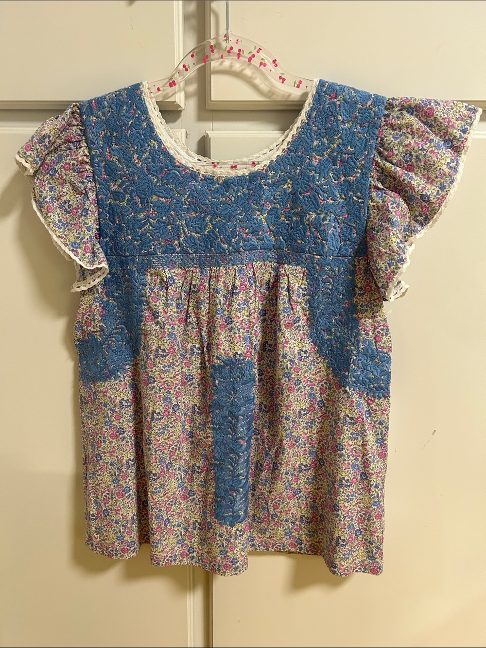 J. Marie Blue Floral Embroidered Cotton Peasant Top NWT Feminine Ruffle Sleeves